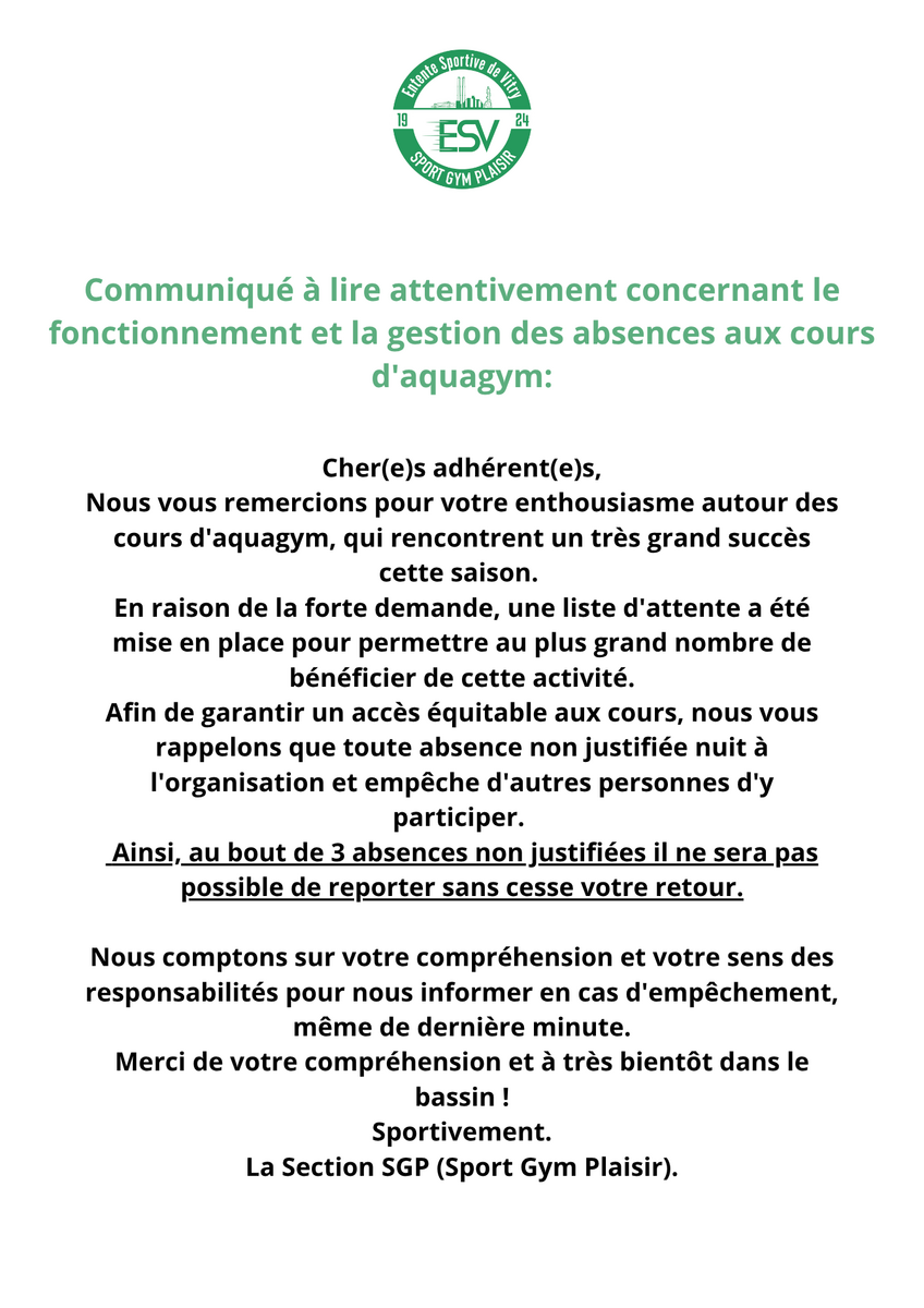 ⚠️ Communiqué de la Section par rapport à l'aquagym