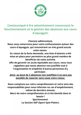 ⚠️ Communiqué de la Section par rapport à l'aquagym