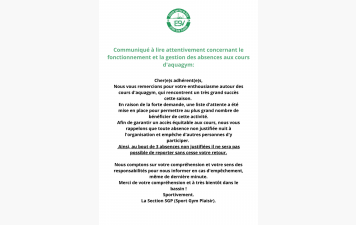 ⚠️ Communiqué de la Section par rapport à l'aquagym