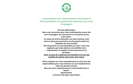⚠️ Communiqué de la Section par rapport à l'aquagym